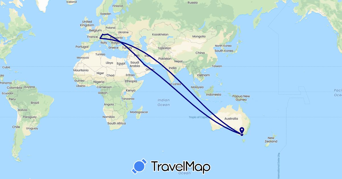 TravelMap itinerary: driving in Austria, Australia, Germany, Italy, Qatar (Asia, Europe, Oceania)